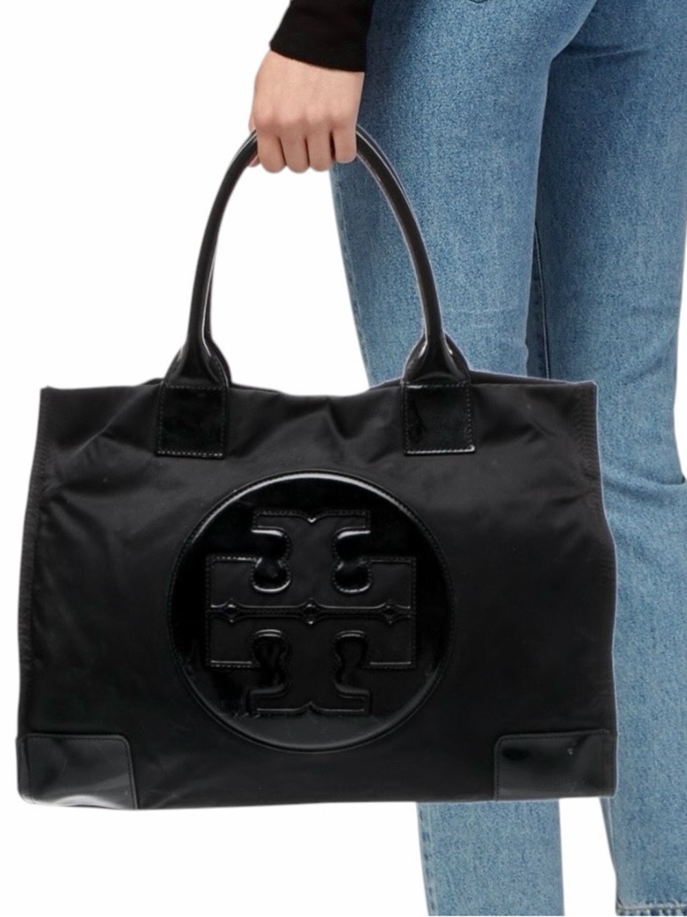 Tory Burch Black Ella Logo Tote with Double Handles Nylon Bag with Patent Trim